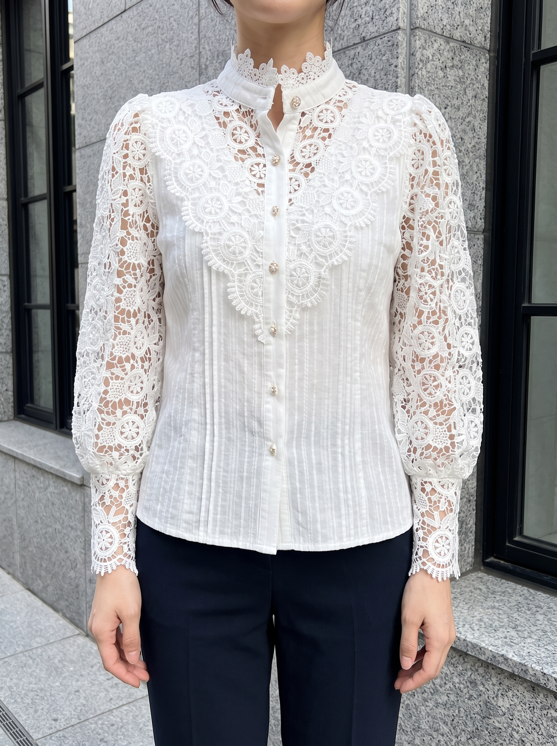 Colette Floral Lace Blouse in White - front view