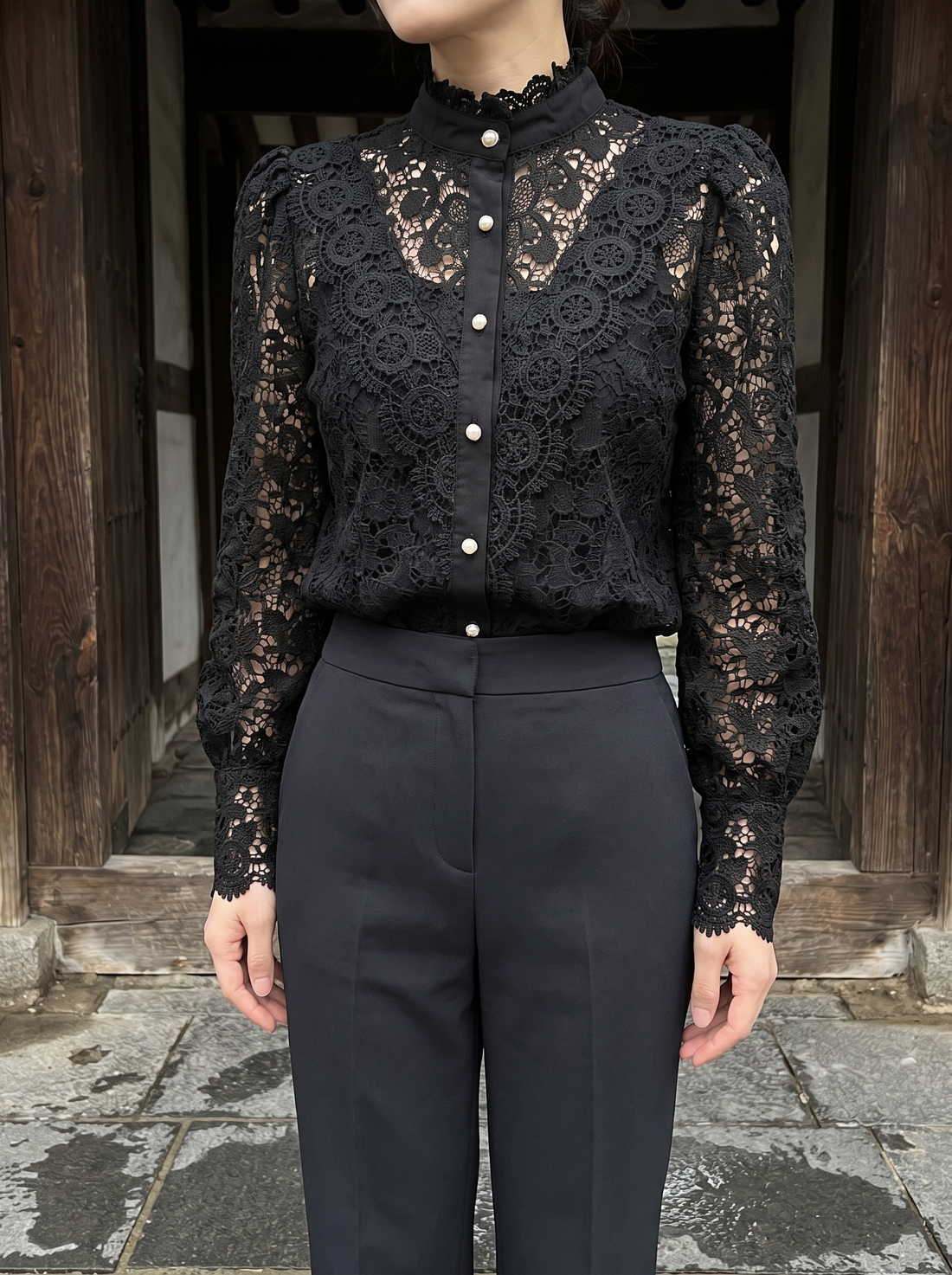 Colette Floral Lace Blouse in Black - front view