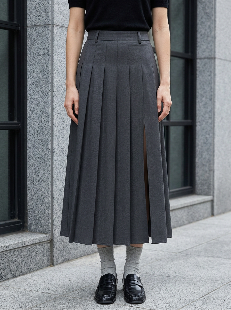 Estelle Pleated Slit Midi Skirt in Dark Gray - front view