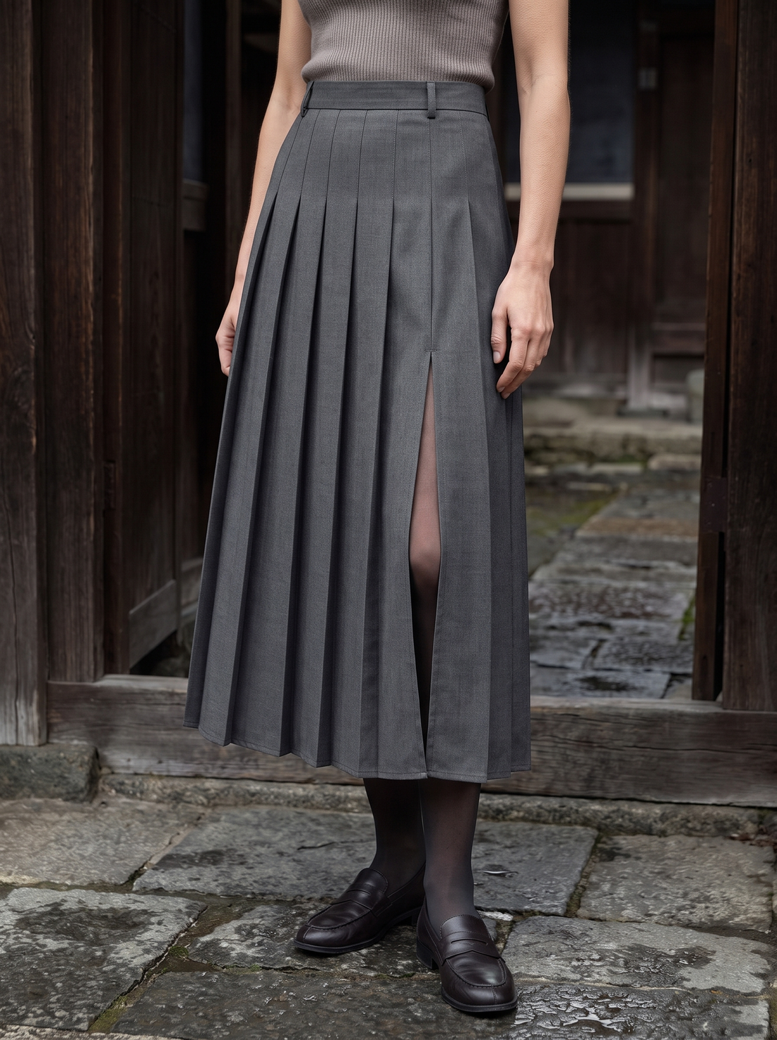 Estelle Pleated Slit Midi Skirt in Dark Gray - alternate view