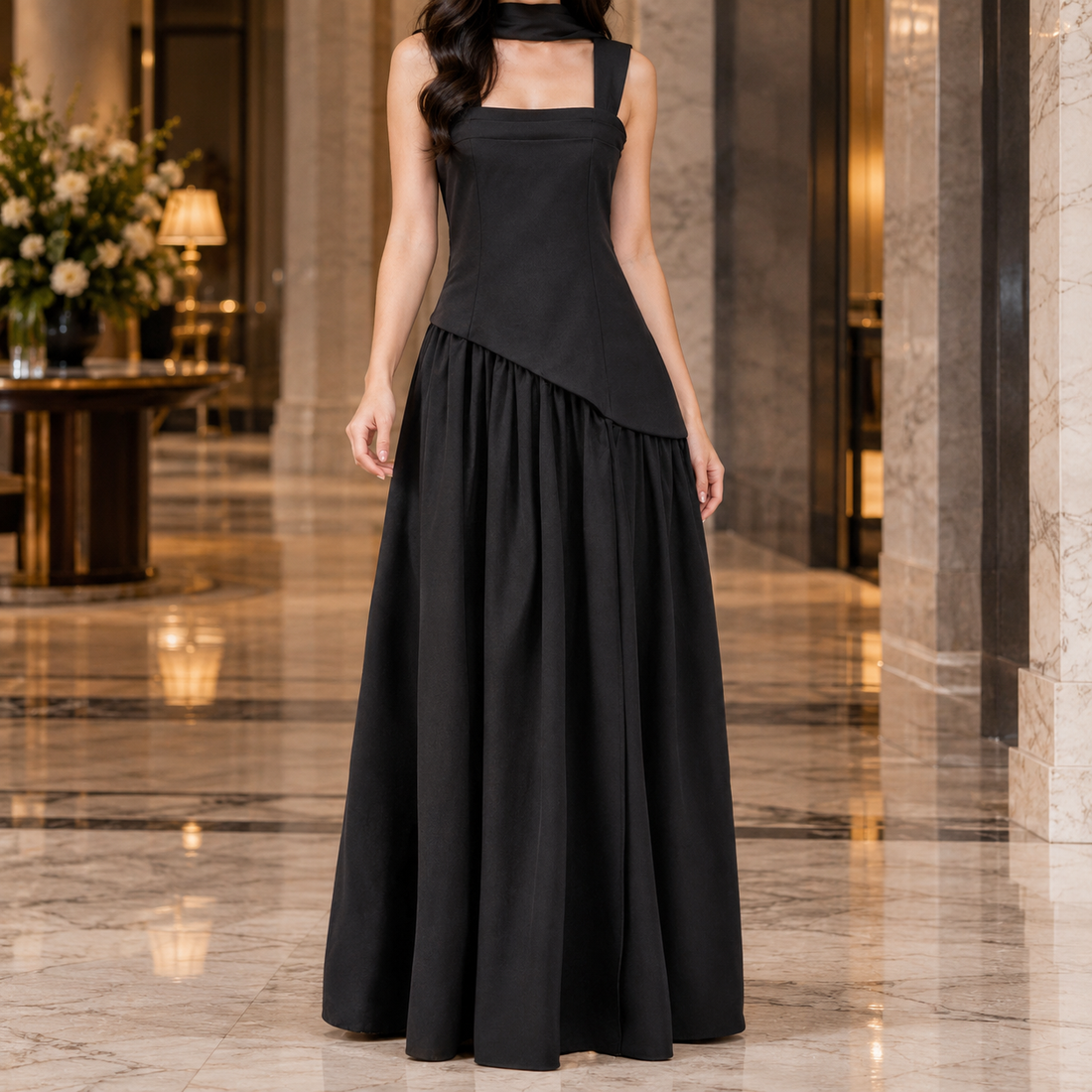 Adaline Asymmetric Maxi Dress - Black