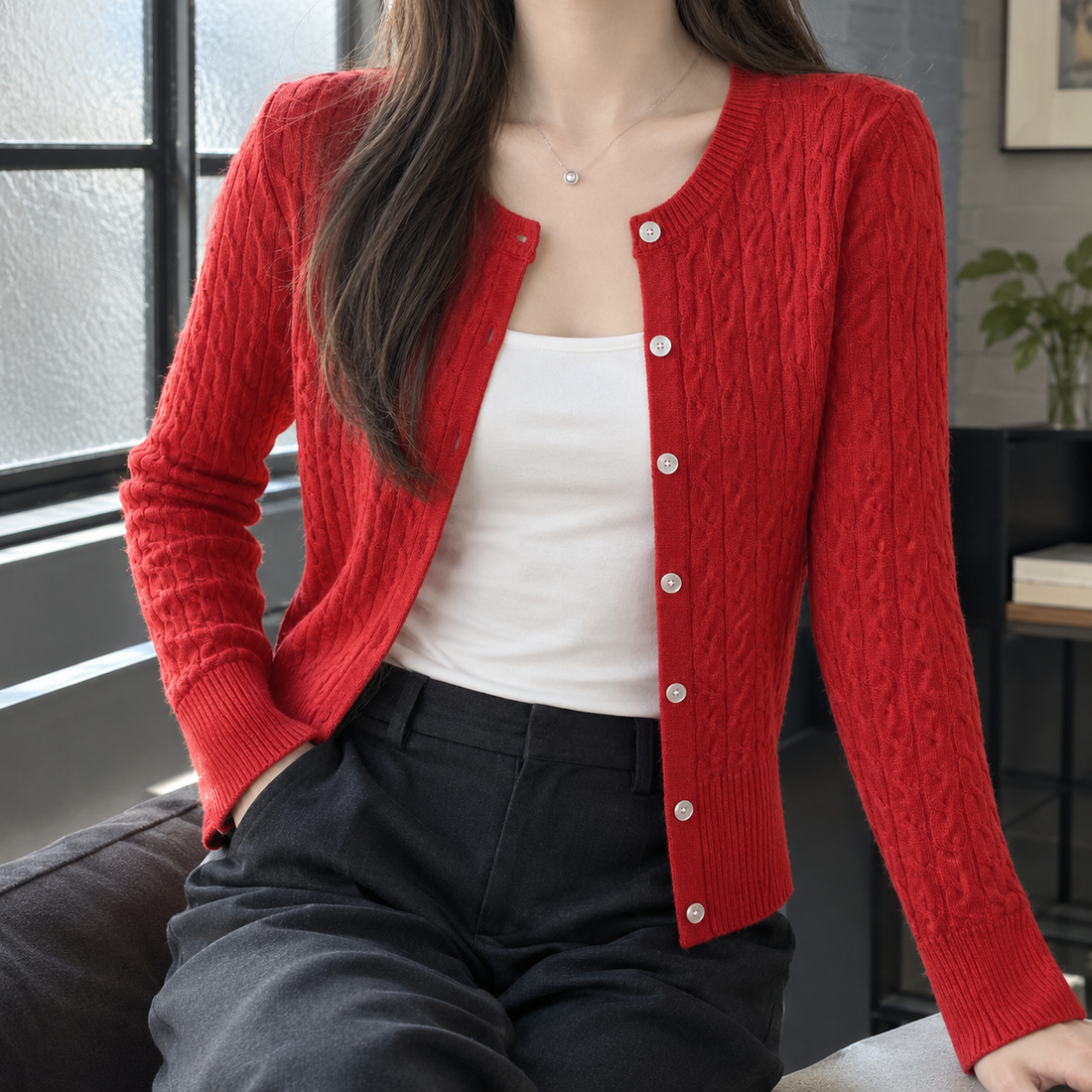 Elodie Cable Knit Cardigan - Ankora Red