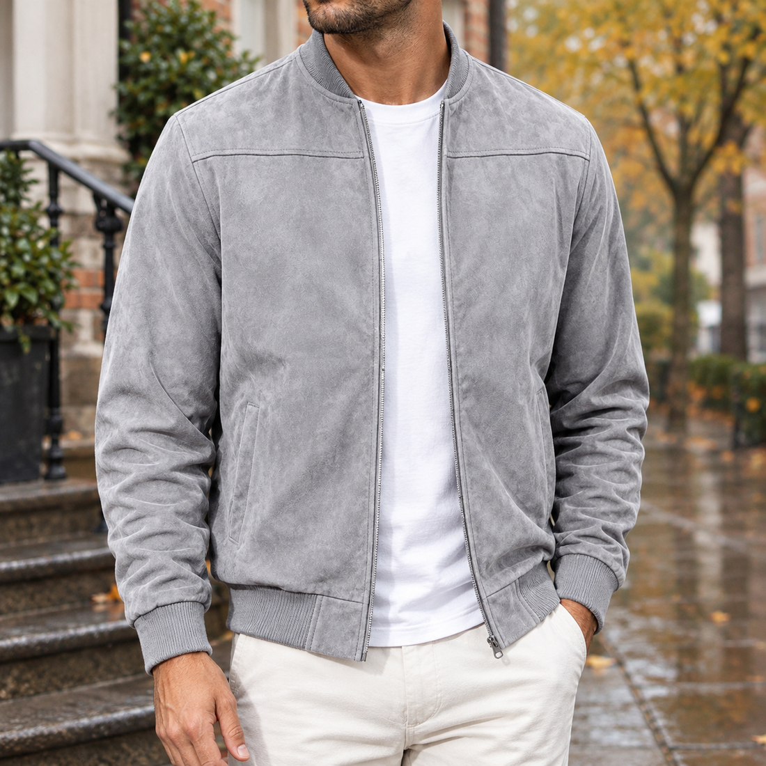 Mortimer Suede Bomber Jacket - Light Gray
