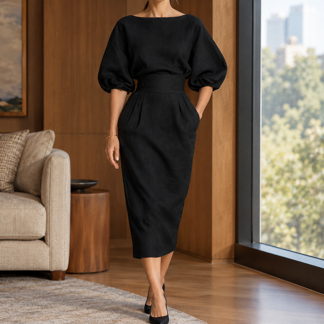 Noelle Pleated Midi Dress - Black