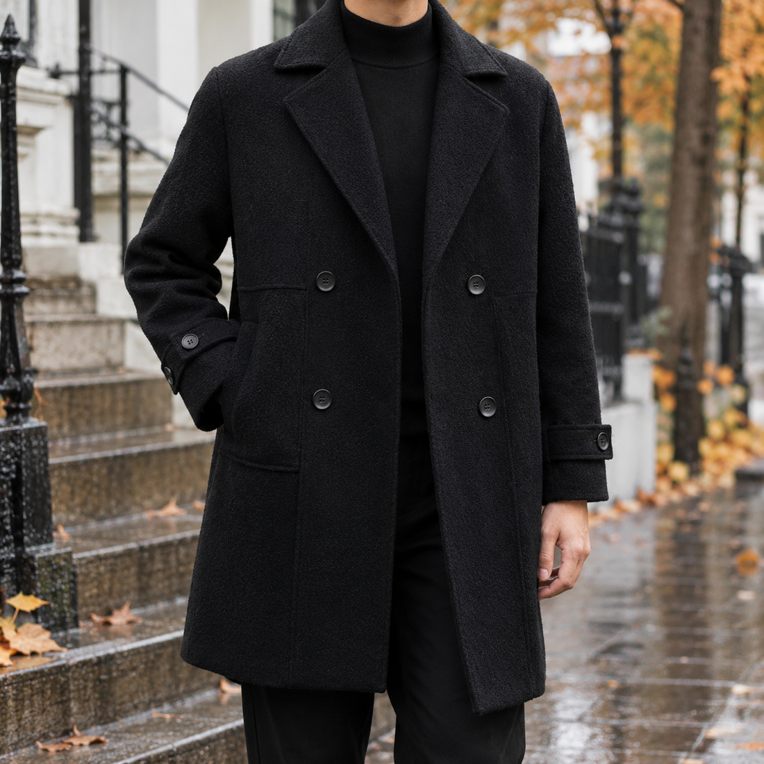 Yannick Double Breasted Coat - Black