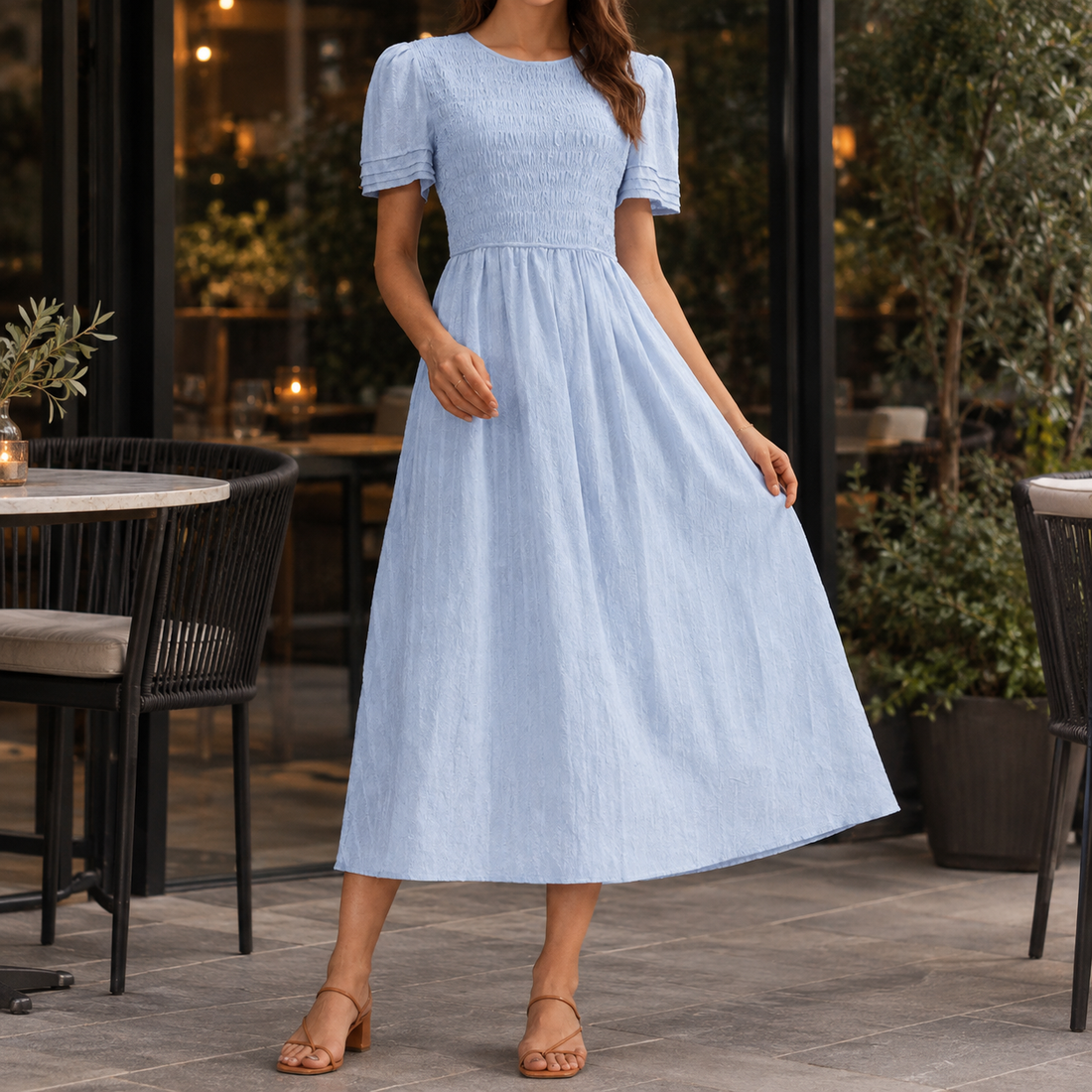 Martha Shirred Midi Dress - Blue