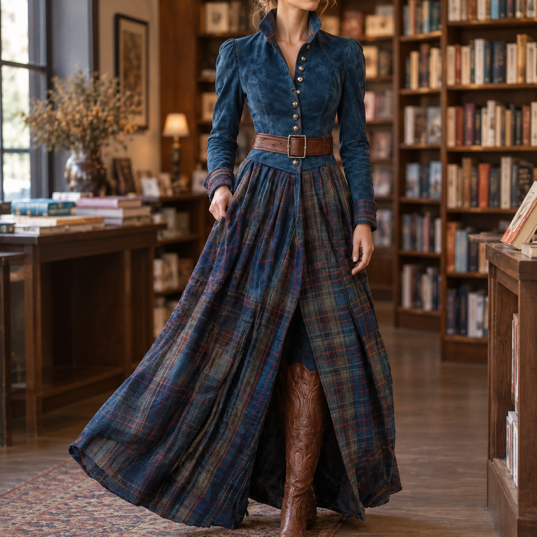 Isla Plaid Maxi Dress - Peacock Blue