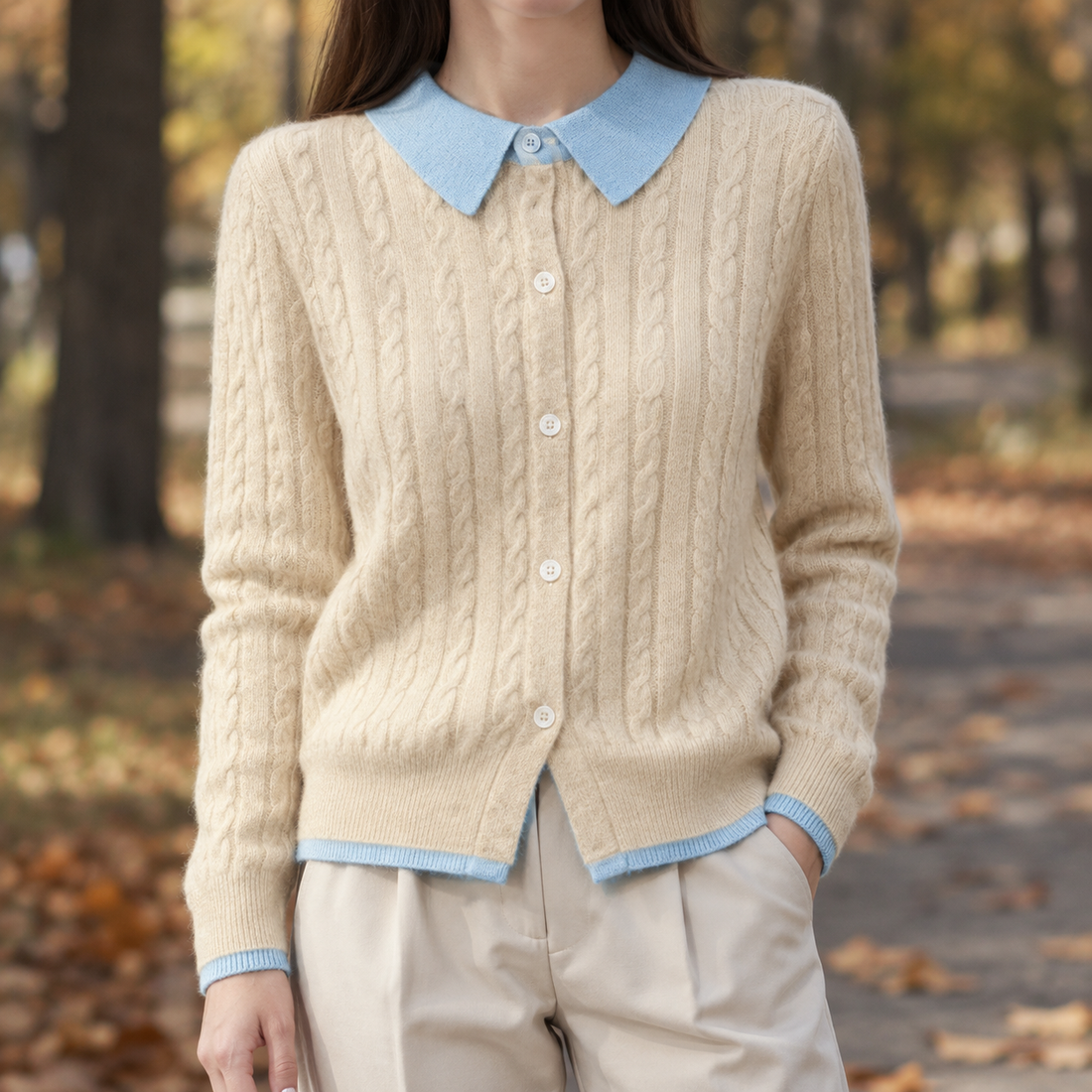 Lydia Cable Knit Cardigan - Beige Blue Collar