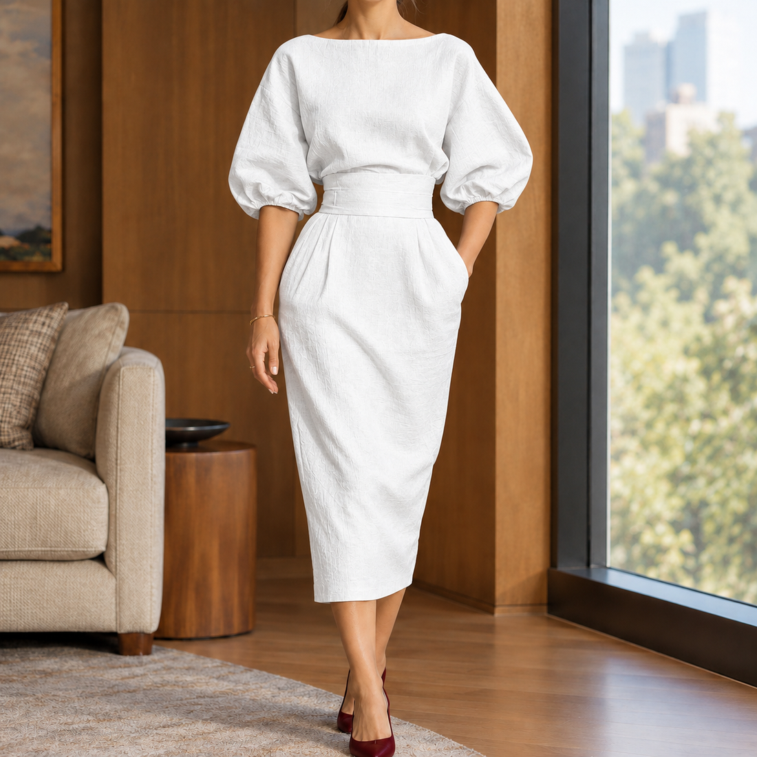 Noelle Pleated Midi Dress - White