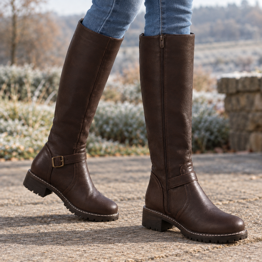 Taranto Buckle Knee Boots - Dark Brown