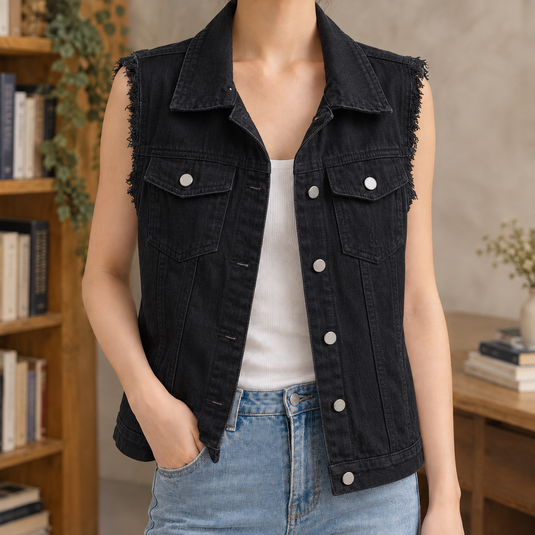 Anais Frayed Denim Vest - Black