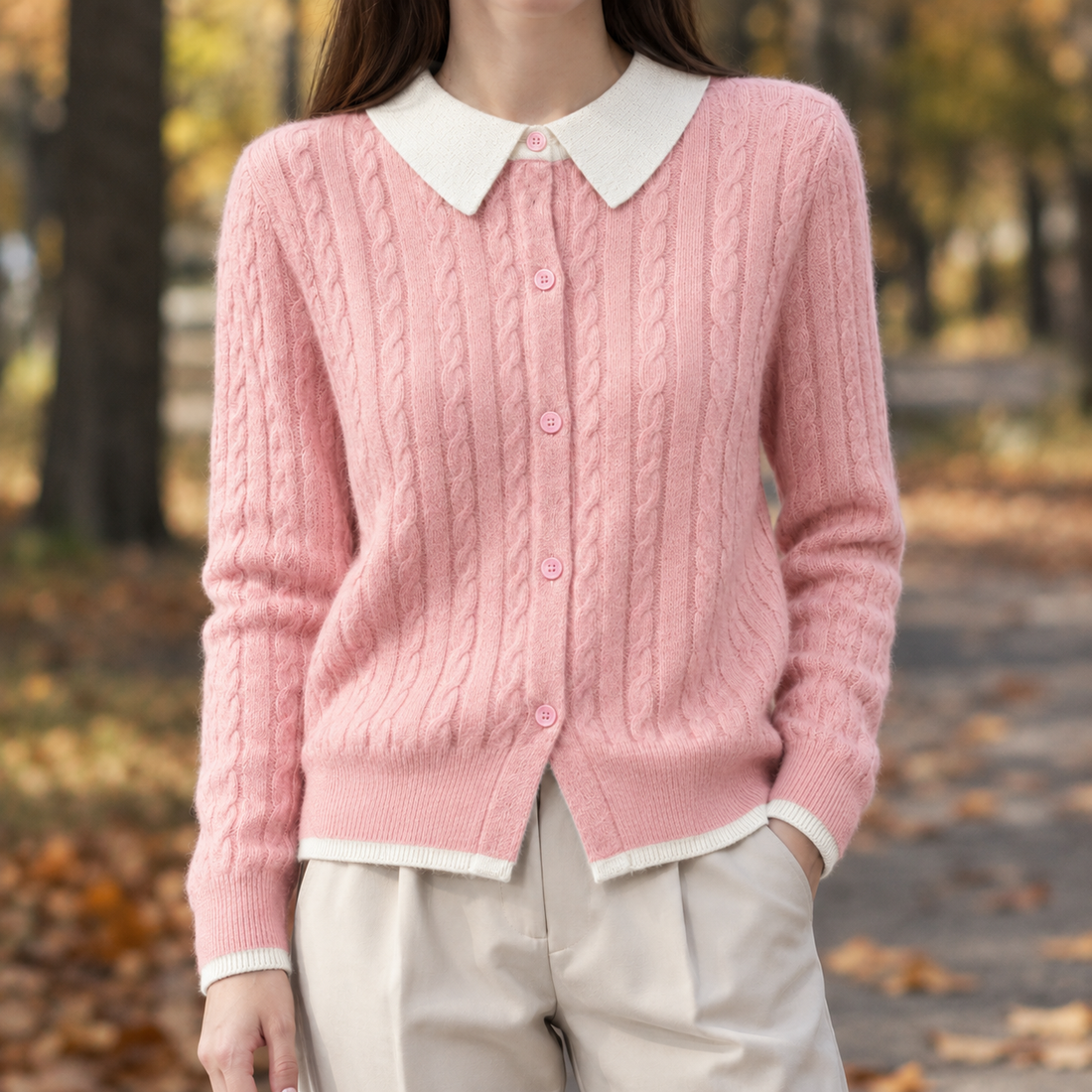 Lydia Cable Knit Cardigan - Pink White Collar