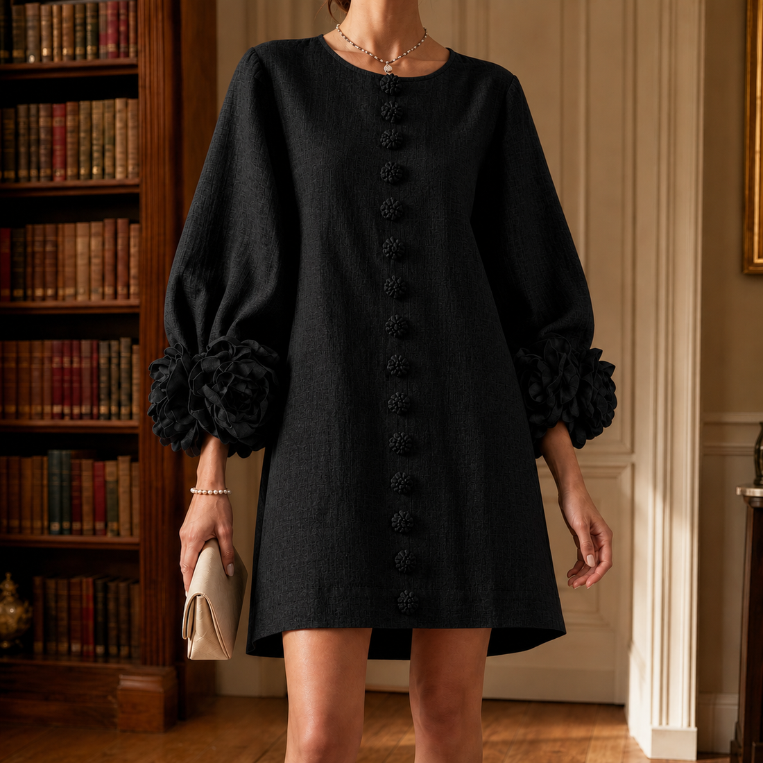 Nerissa Floral Cuff Dress - Black
