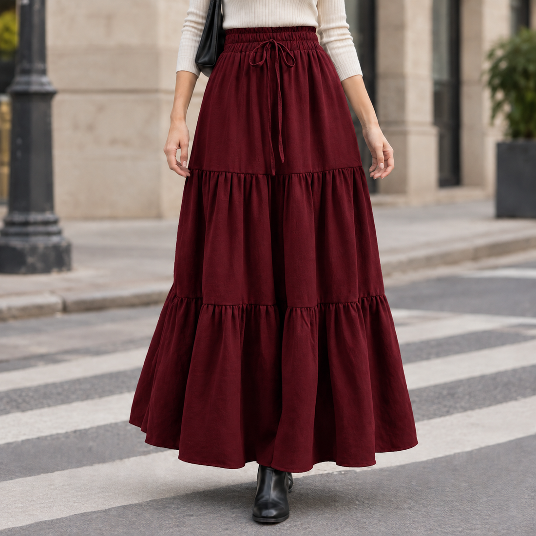 Guinevere Tiered Maxi Skirt - Burgundy