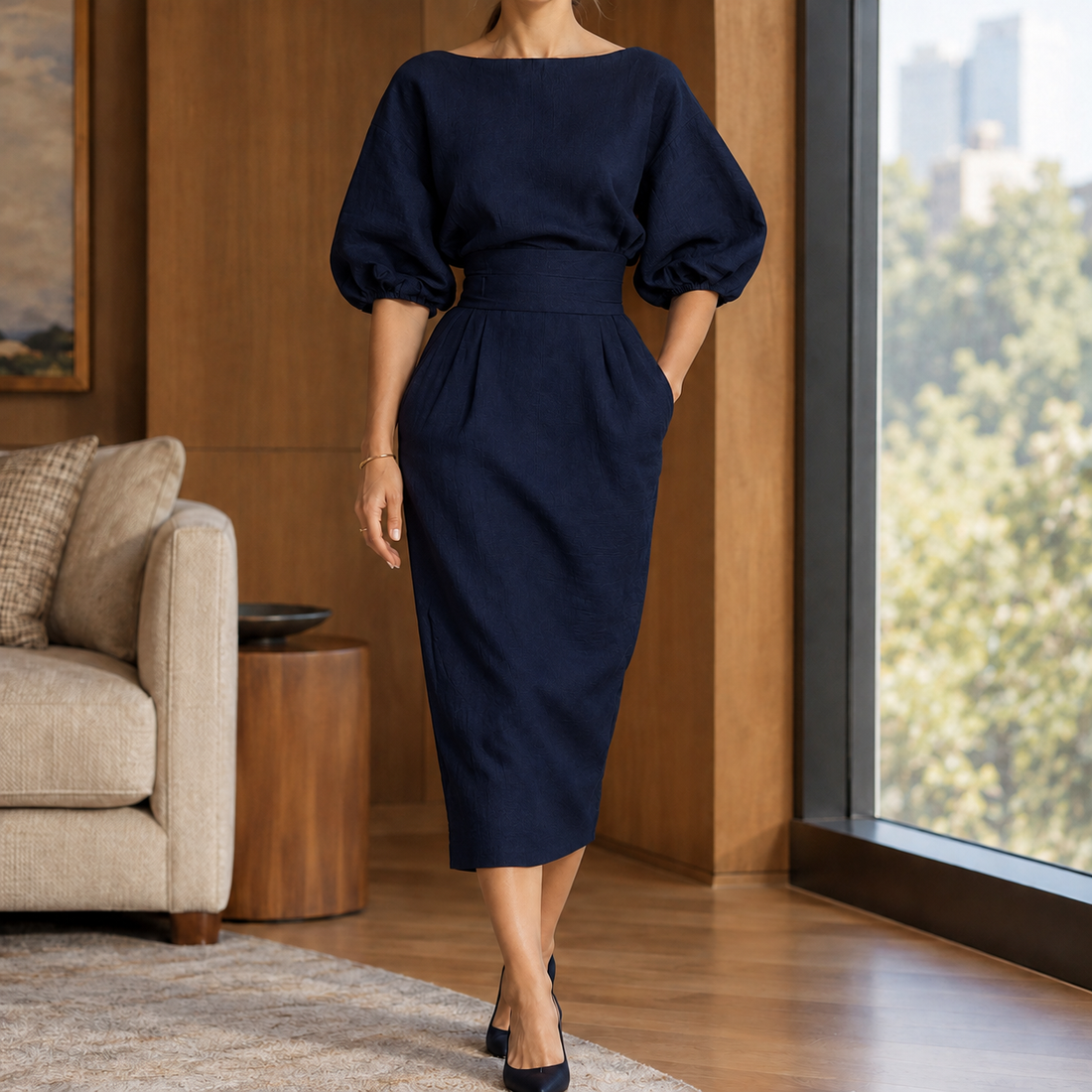 Noelle Pleated Midi Dress - Navy Blue