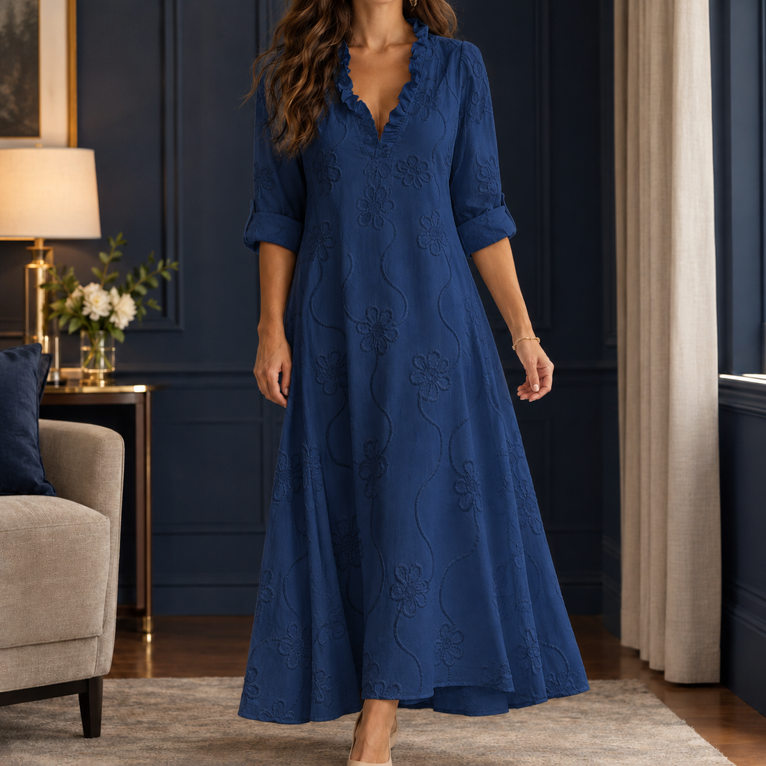 Aurore Embroidered Maxi Dress - Navy Blue