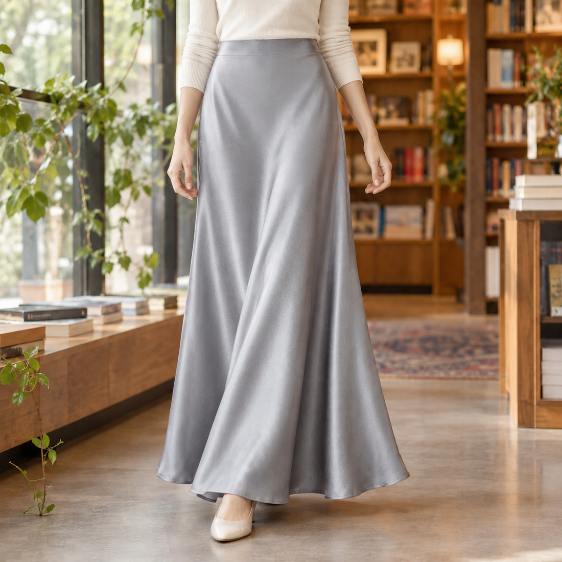Kara Satin Midi Skirt - Silver Gray