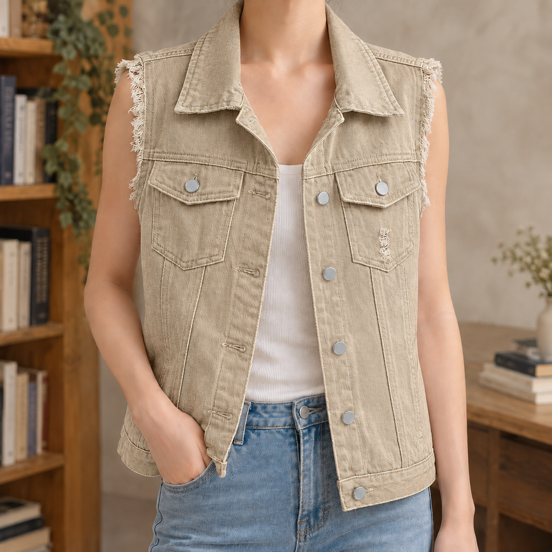 Anais Frayed Denim Vest - Khaki