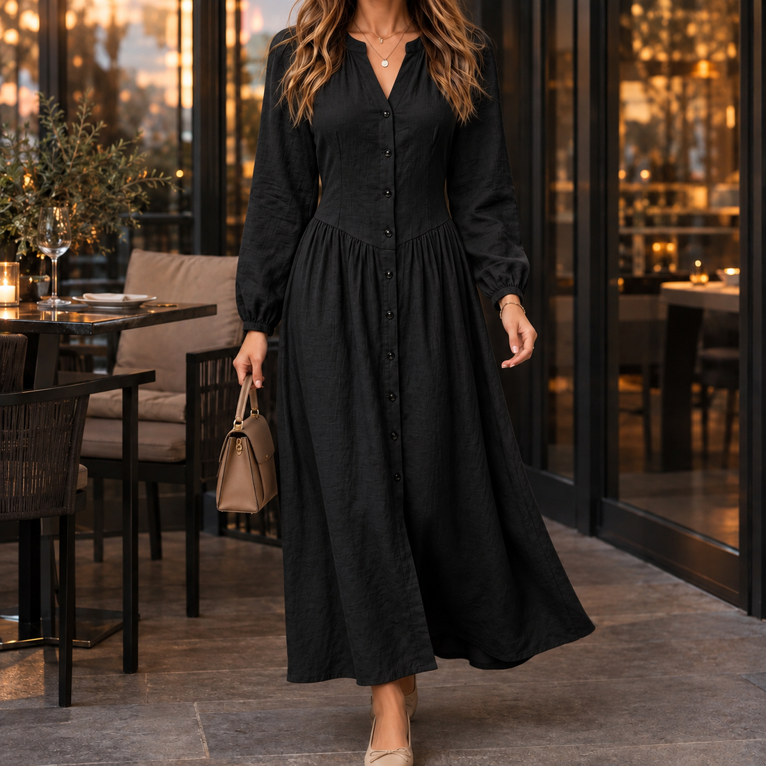 Esther Buttoned Maxi Dress - Black