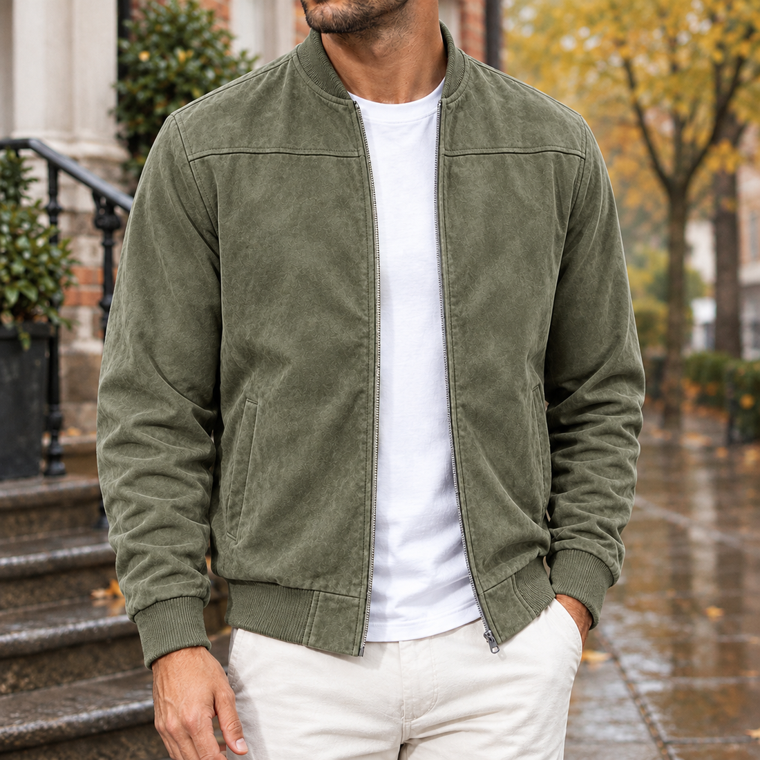 Mortimer Suede Bomber Jacket - Army Green