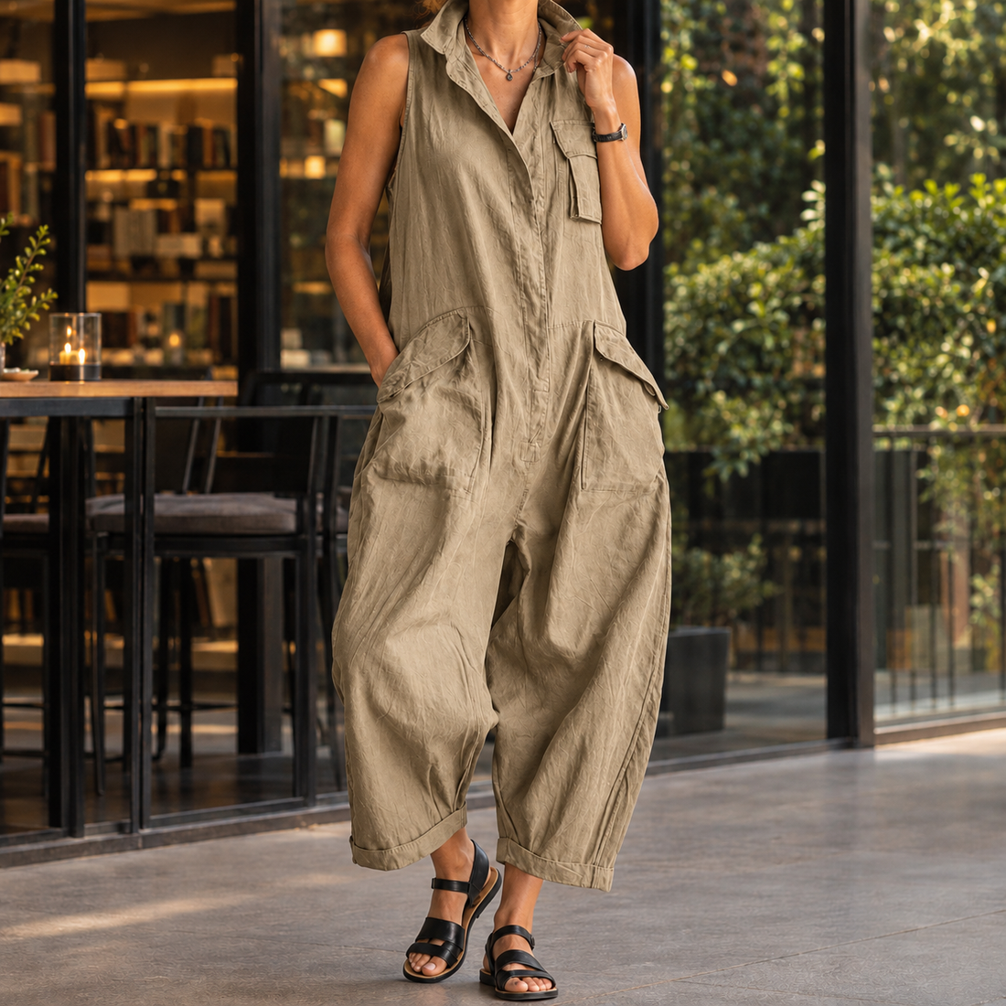 Solange Stand Collar Jumpsuit - Khaki