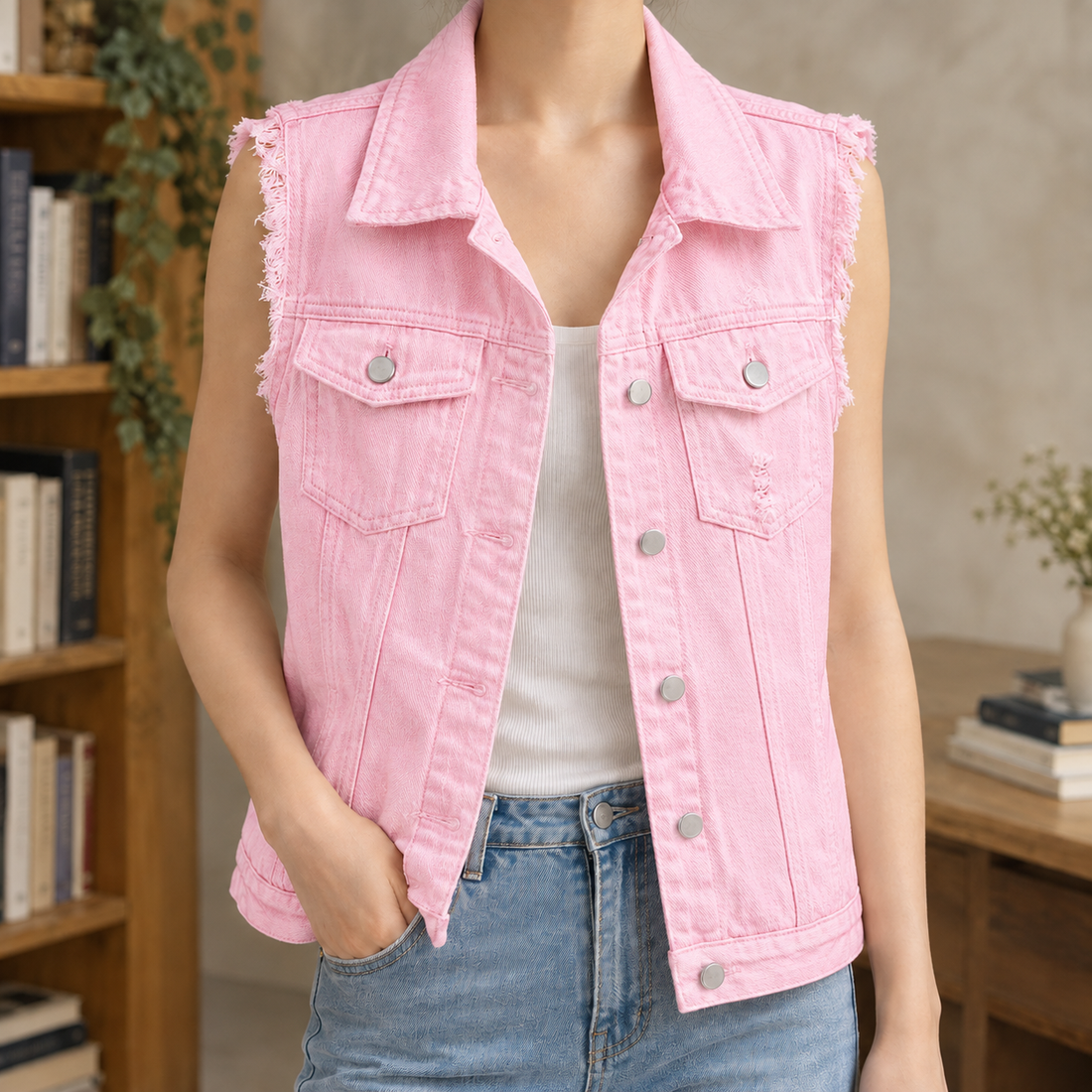 Anais Frayed Denim Vest - Pink