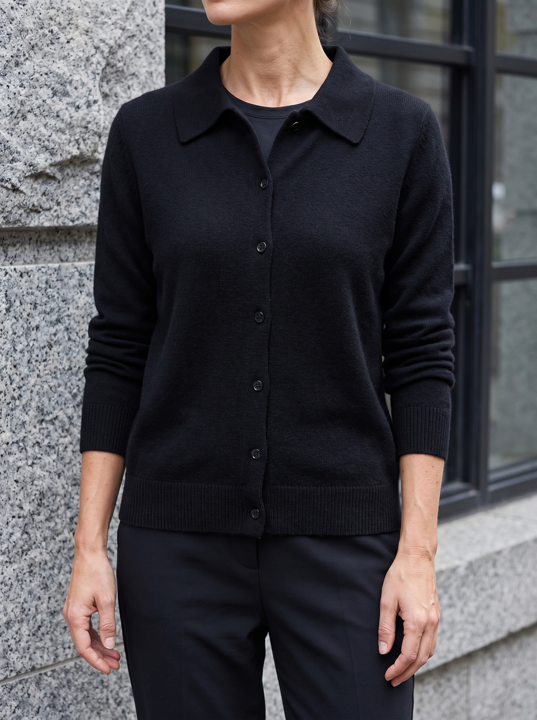 Mina Collared Knit Cardigan in Black - front view