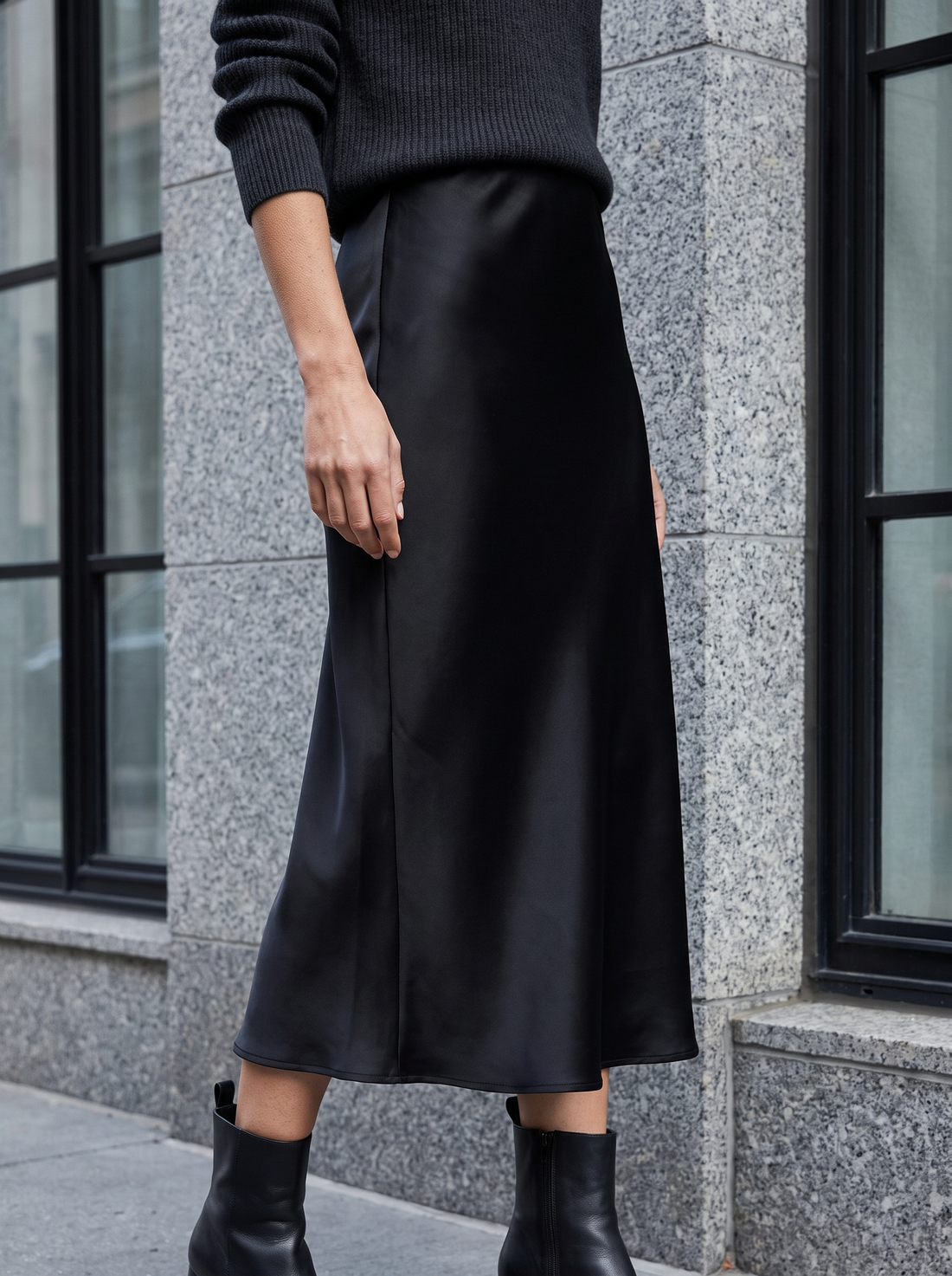 Sylvie Satin Midi Skirt in Black - alternate view