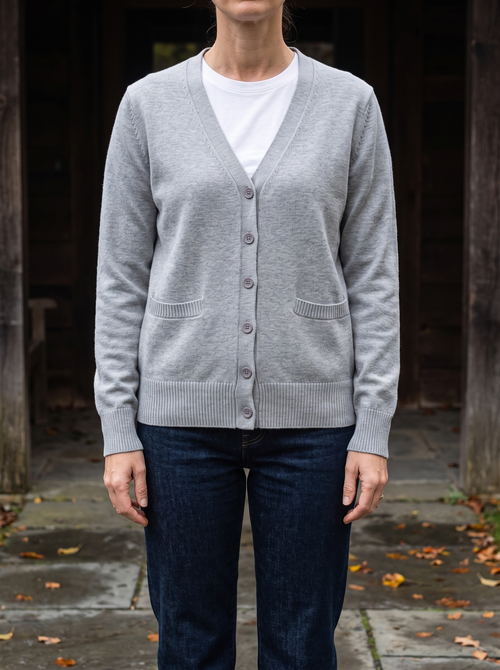 Adele Cotton V-Neck Pocket Cardigan in Gray - front view