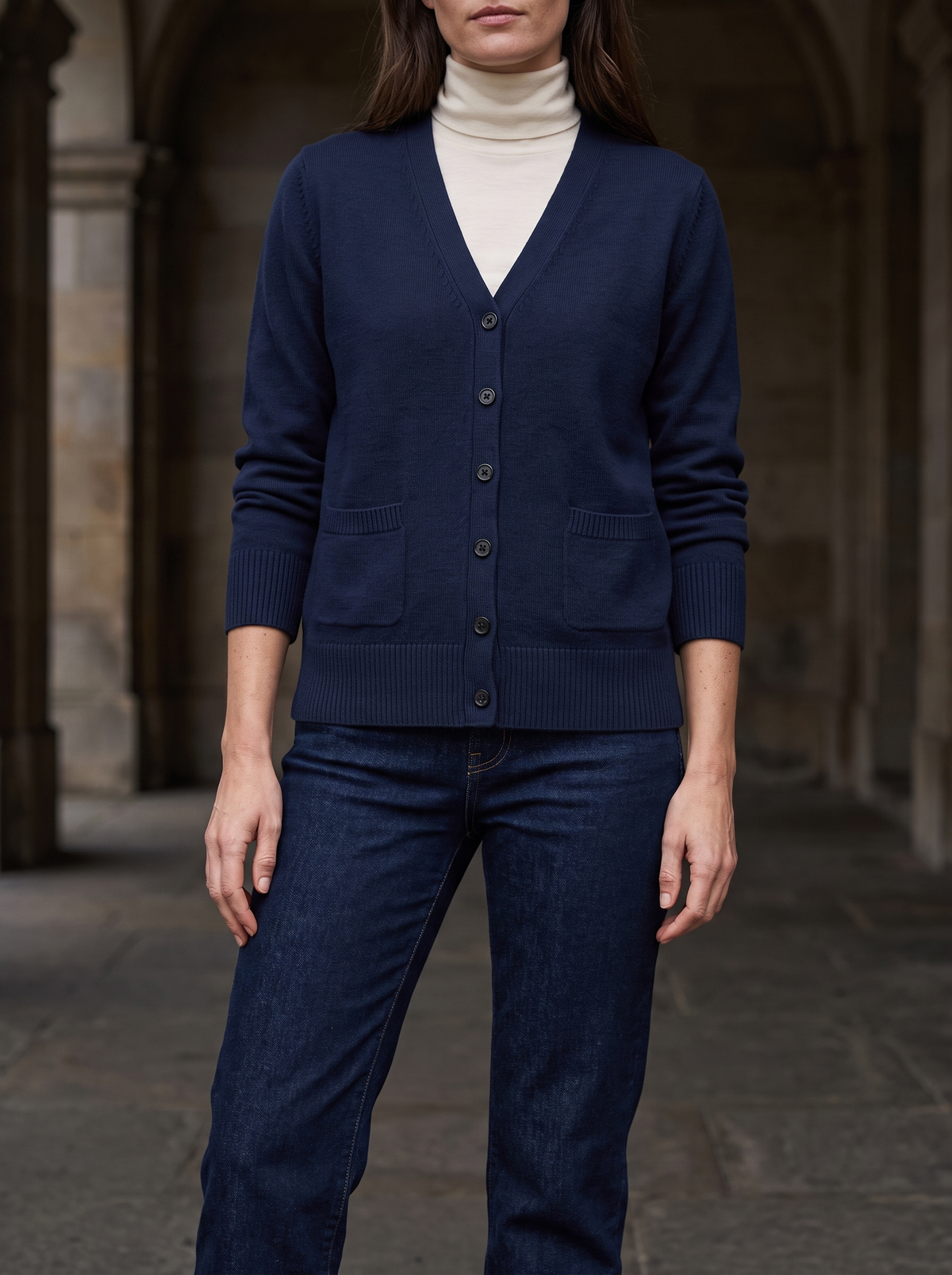 Adele Cotton V-Neck Pocket Cardigan in Navy Blue - front view