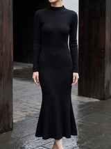 Audrey Mock-Neck Knit Midi Dress in Black - front view
