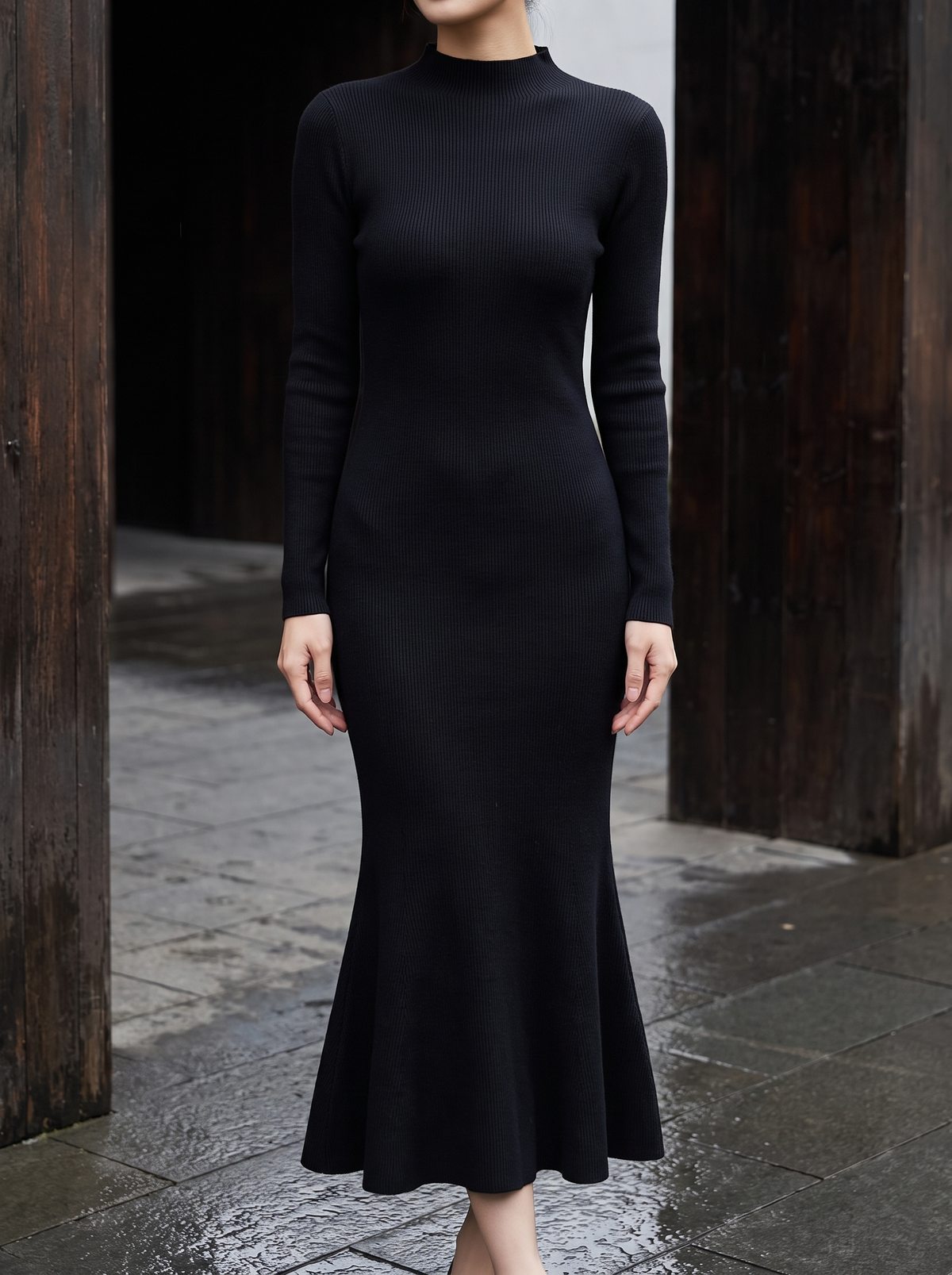 Audrey Mock-Neck Knit Midi Dress in Black - front view