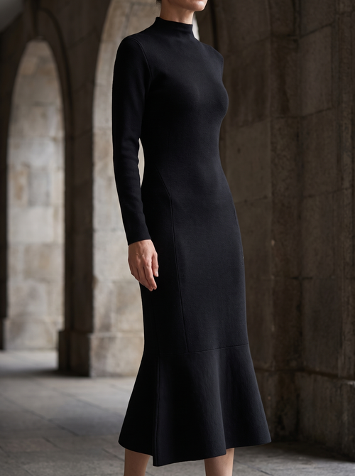 Audrey Mock-Neck Knit Midi Dress in Black - alternate view