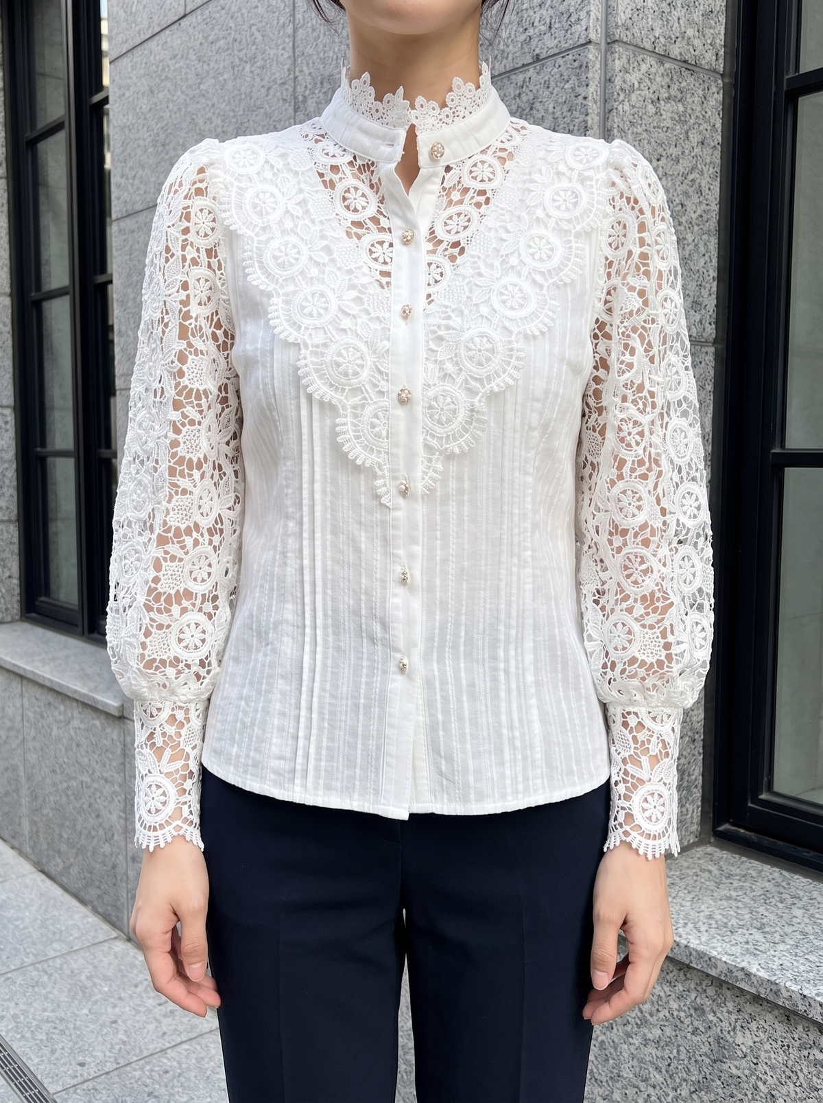 Colette Floral Lace Blouse in White - front view