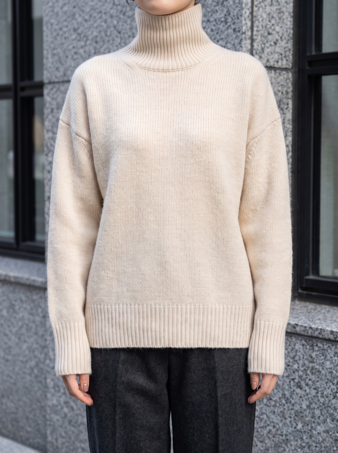 Edith Relaxed Turtleneck Sweater in Beige - front view