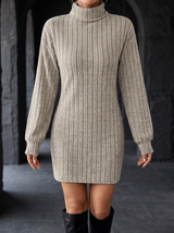 Elise Ribbed Turtleneck Mini Dress in Khaki - front view