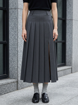 Estelle Pleated Slit Midi Skirt in Dark Gray - front view