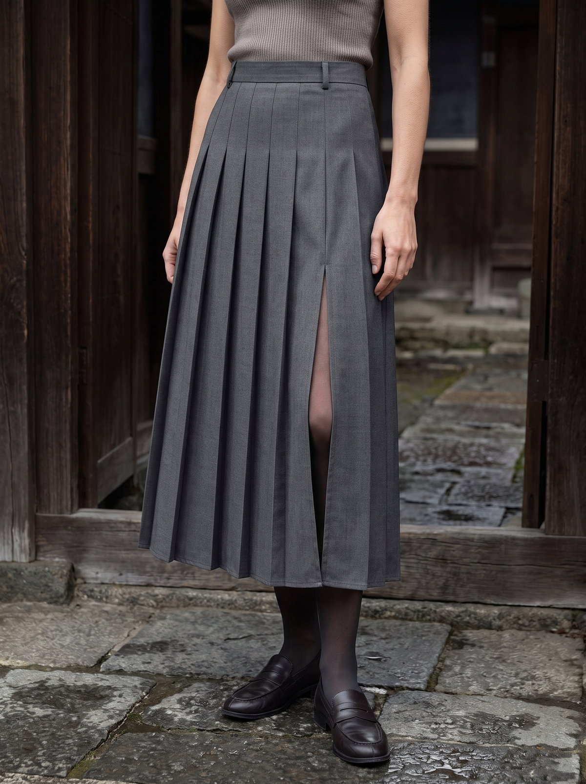 Estelle Pleated Slit Midi Skirt in Dark Gray - alternate view