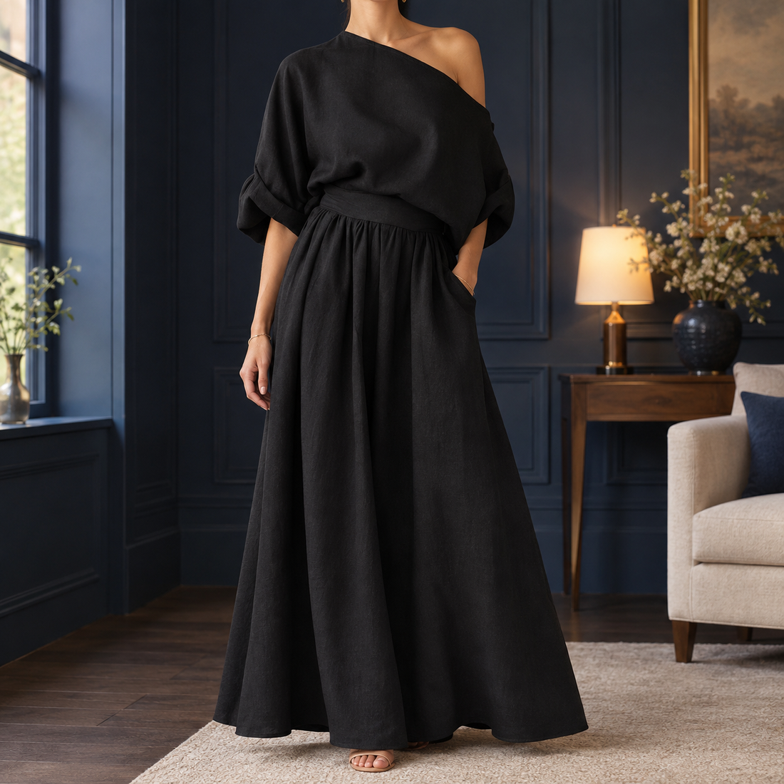 Annabel Draped Skirt Set - Black