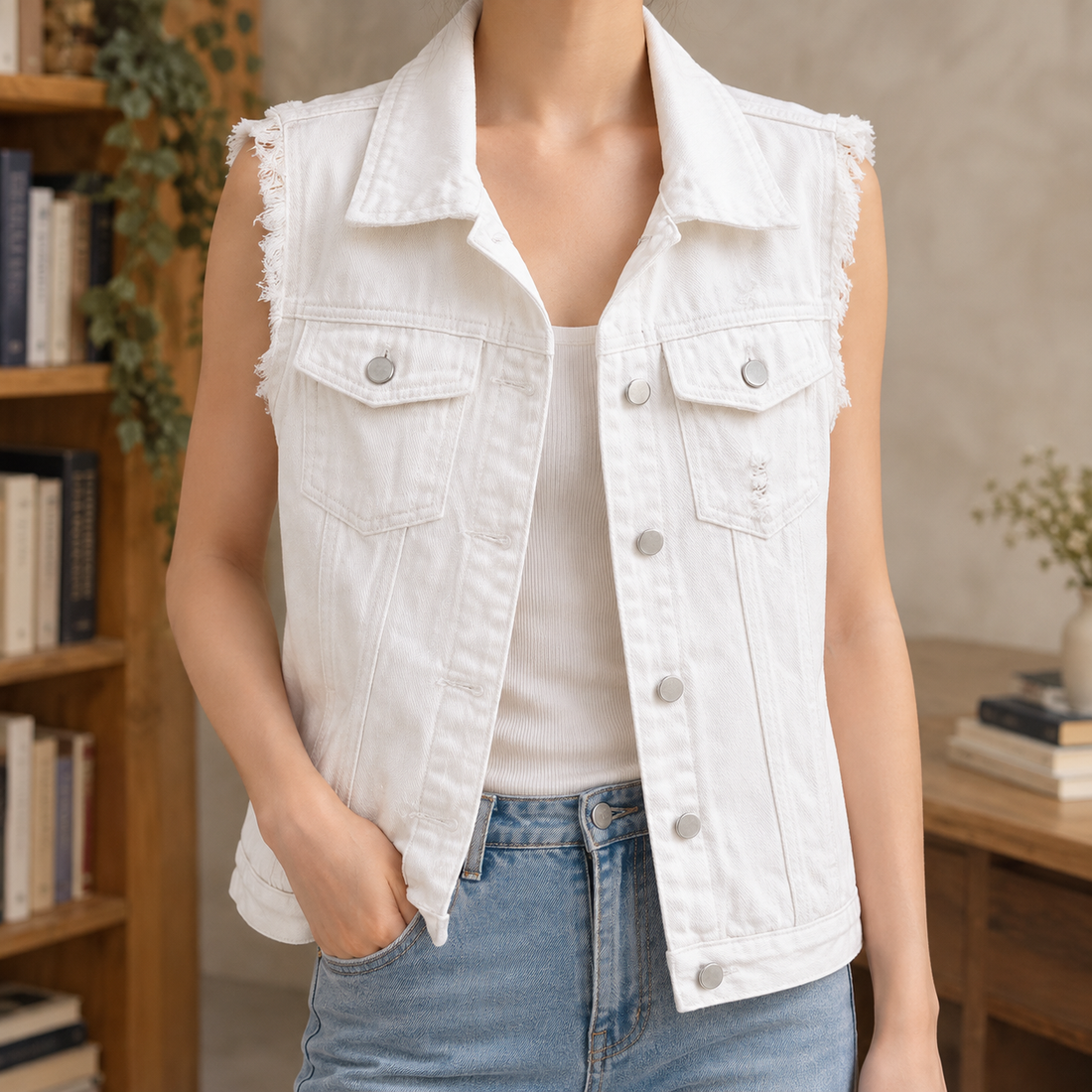 Anais Frayed Denim Vest - White
