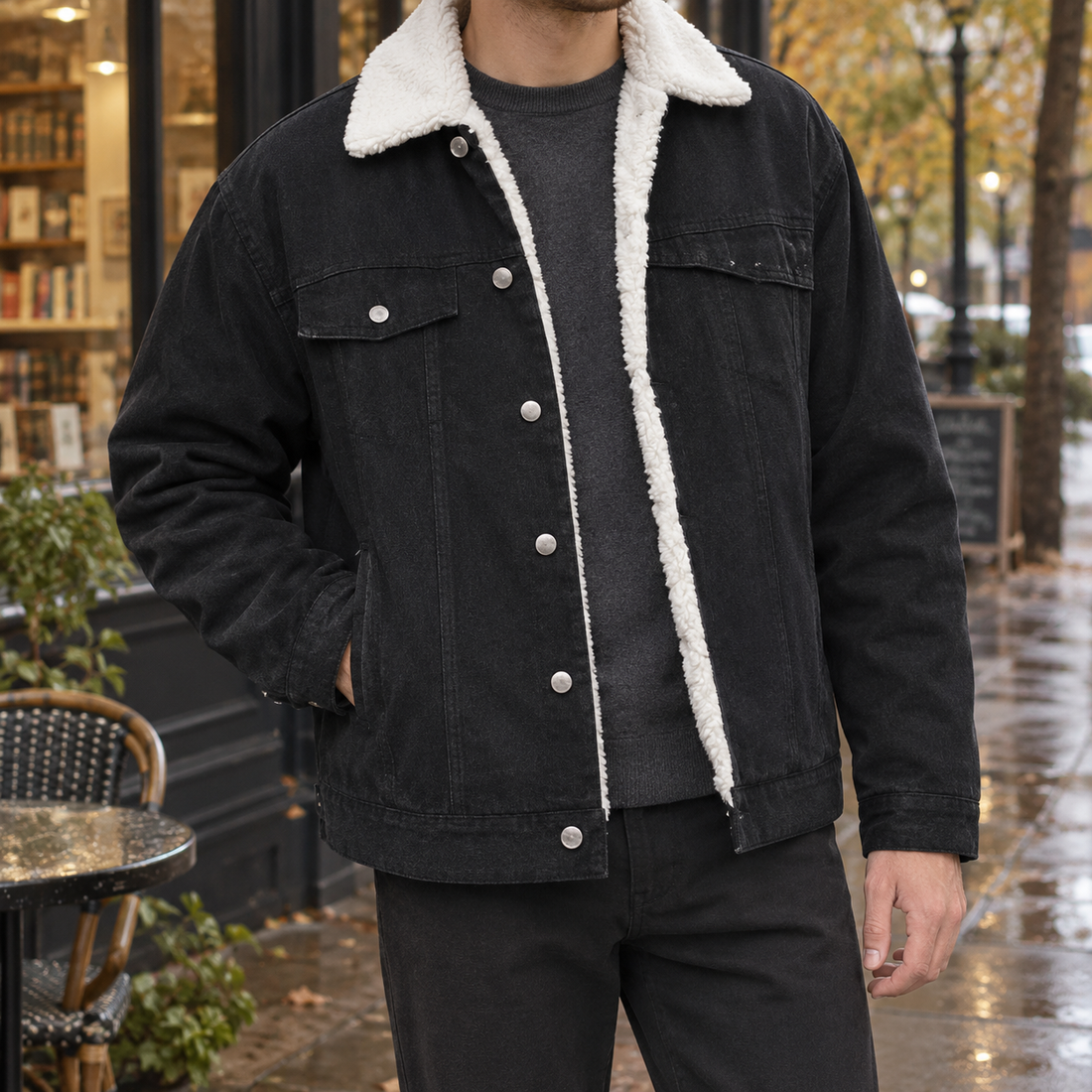 Damaso Fleece Lined Denim Jacket - Black