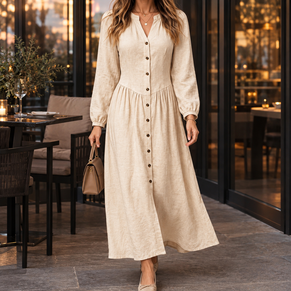 Esther Buttoned Maxi Dress - Cream