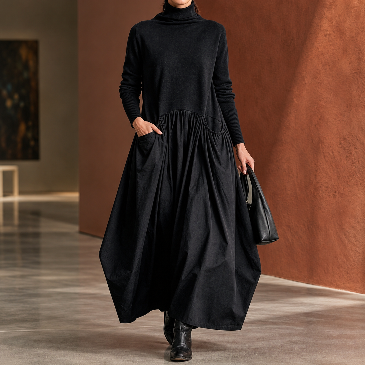 Elowen Balloon Hem Dress - Black