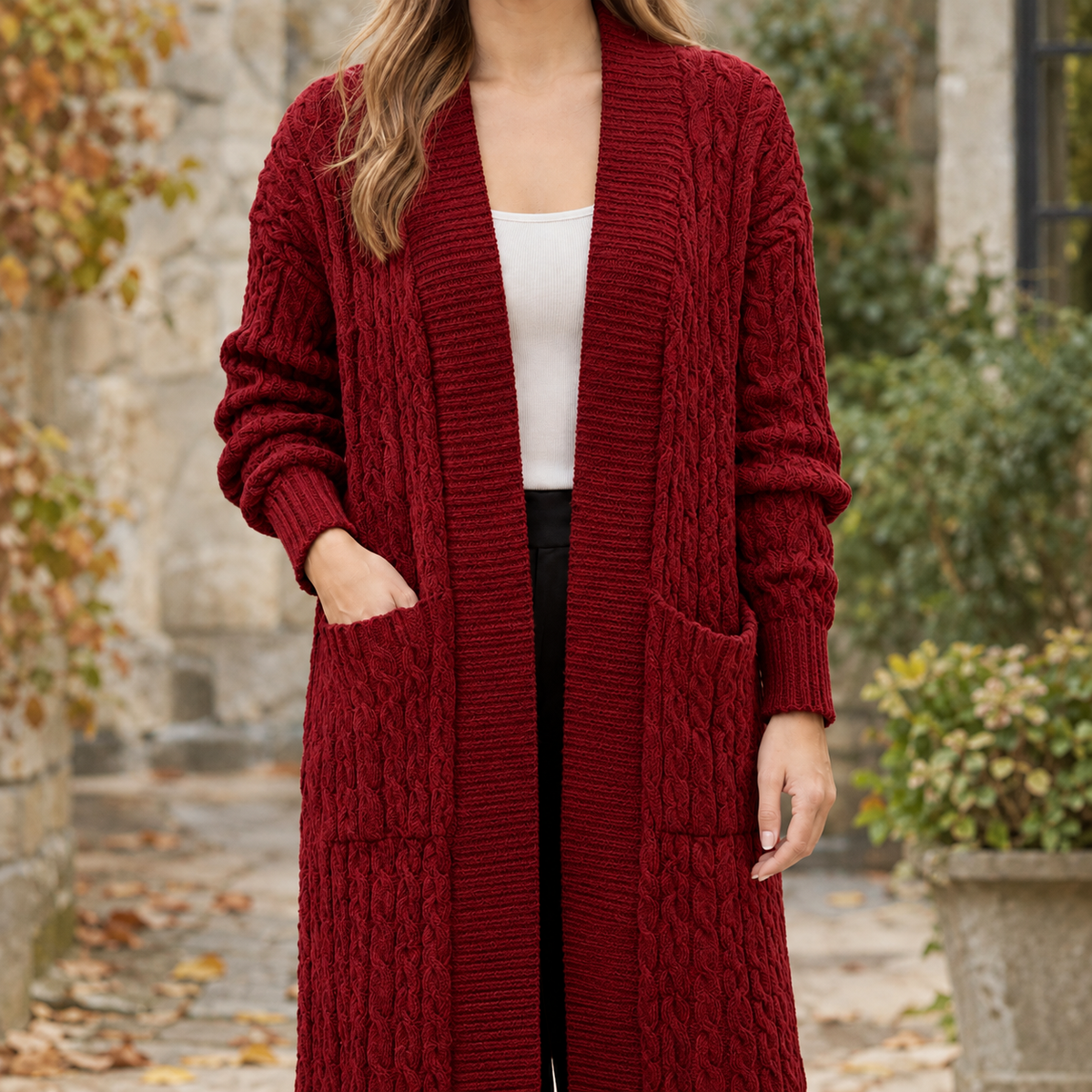 Stella Cable Knit Cardigan - Deep Red