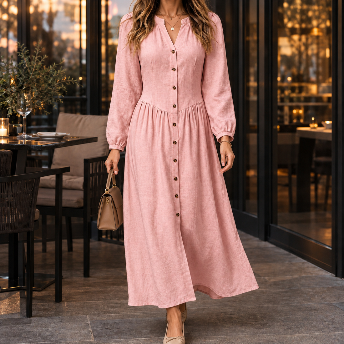 Esther Buttoned Maxi Dress - Pink