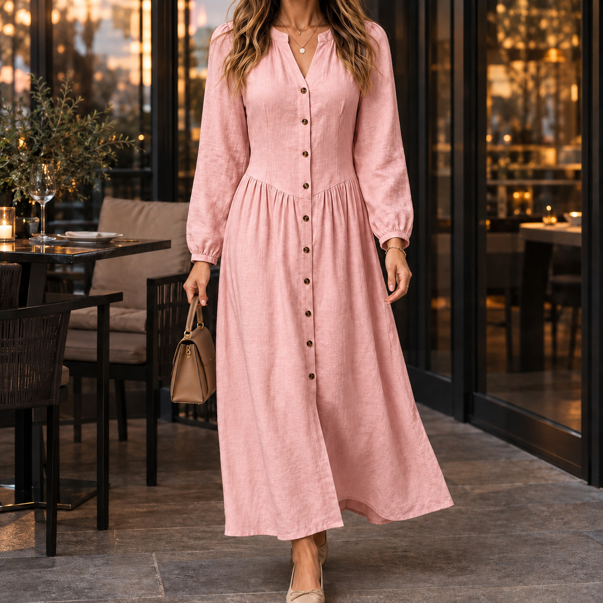 Esther Buttoned Maxi Dress - Pink