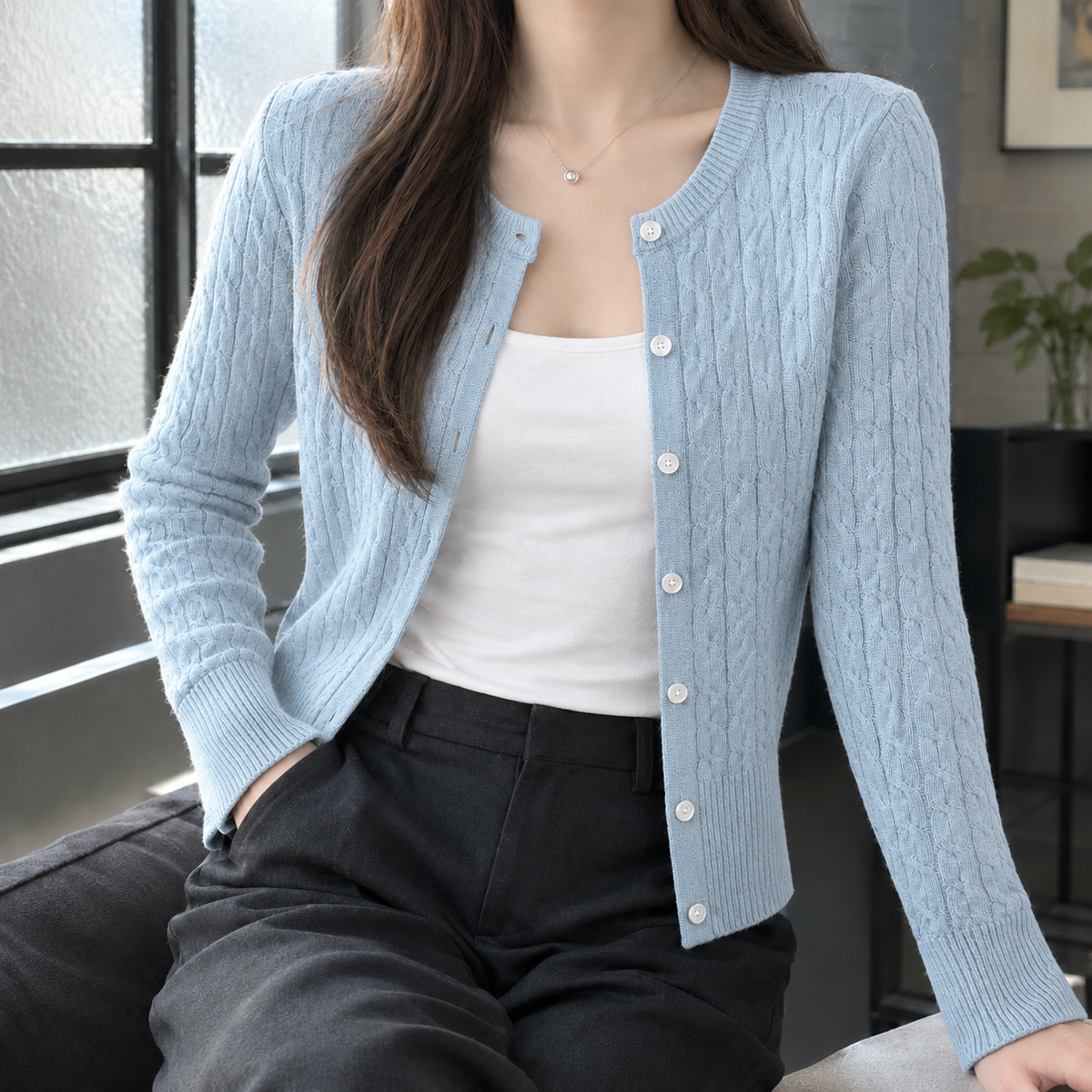 Elodie Cable Knit Cardigan - Light Blue