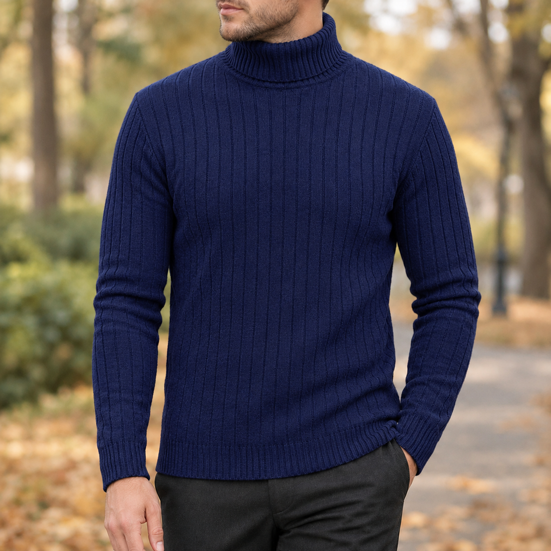 Esteban Ribbed Turtleneck Sweater - Navy Blue