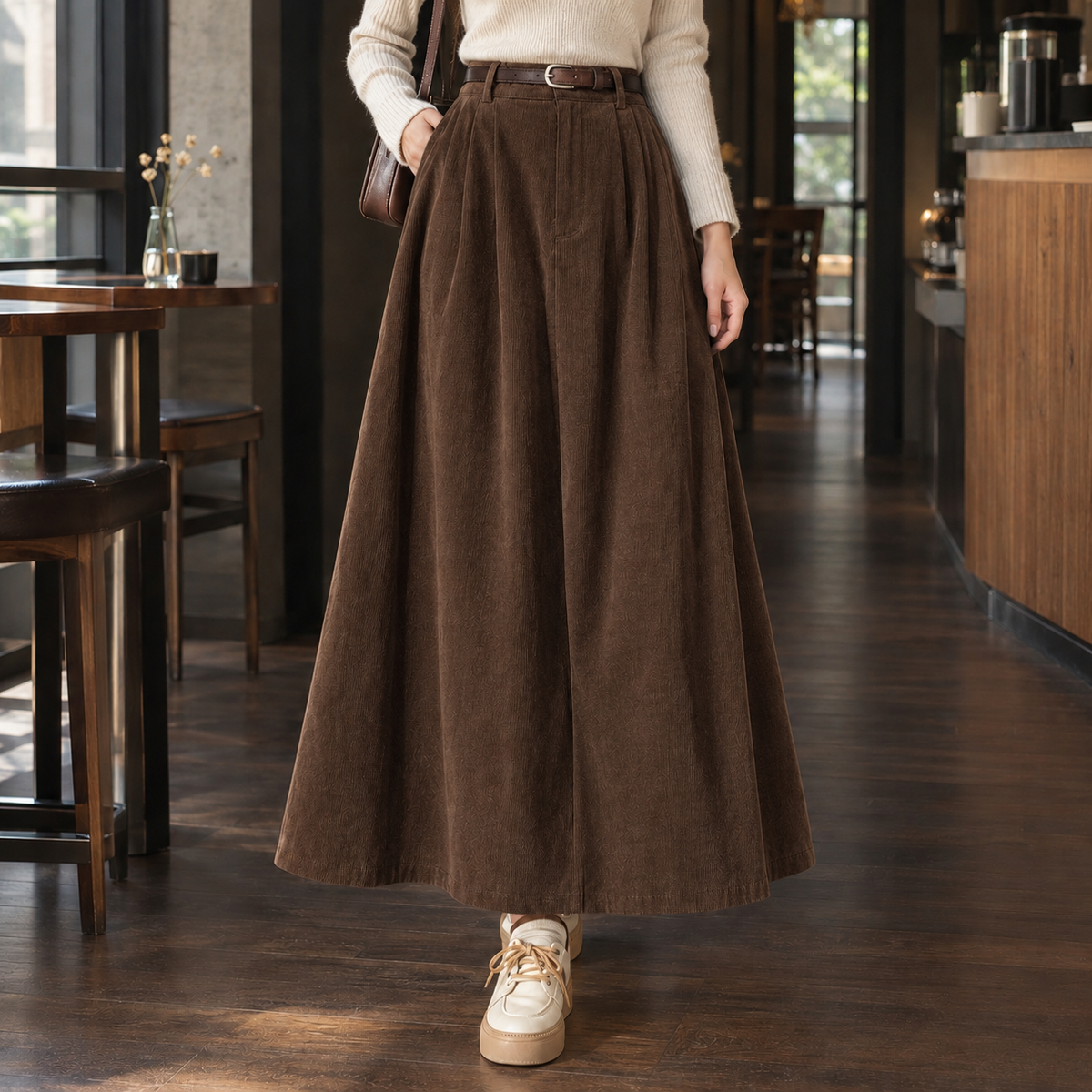 Fiona Flared Midi Skirt - Coffee