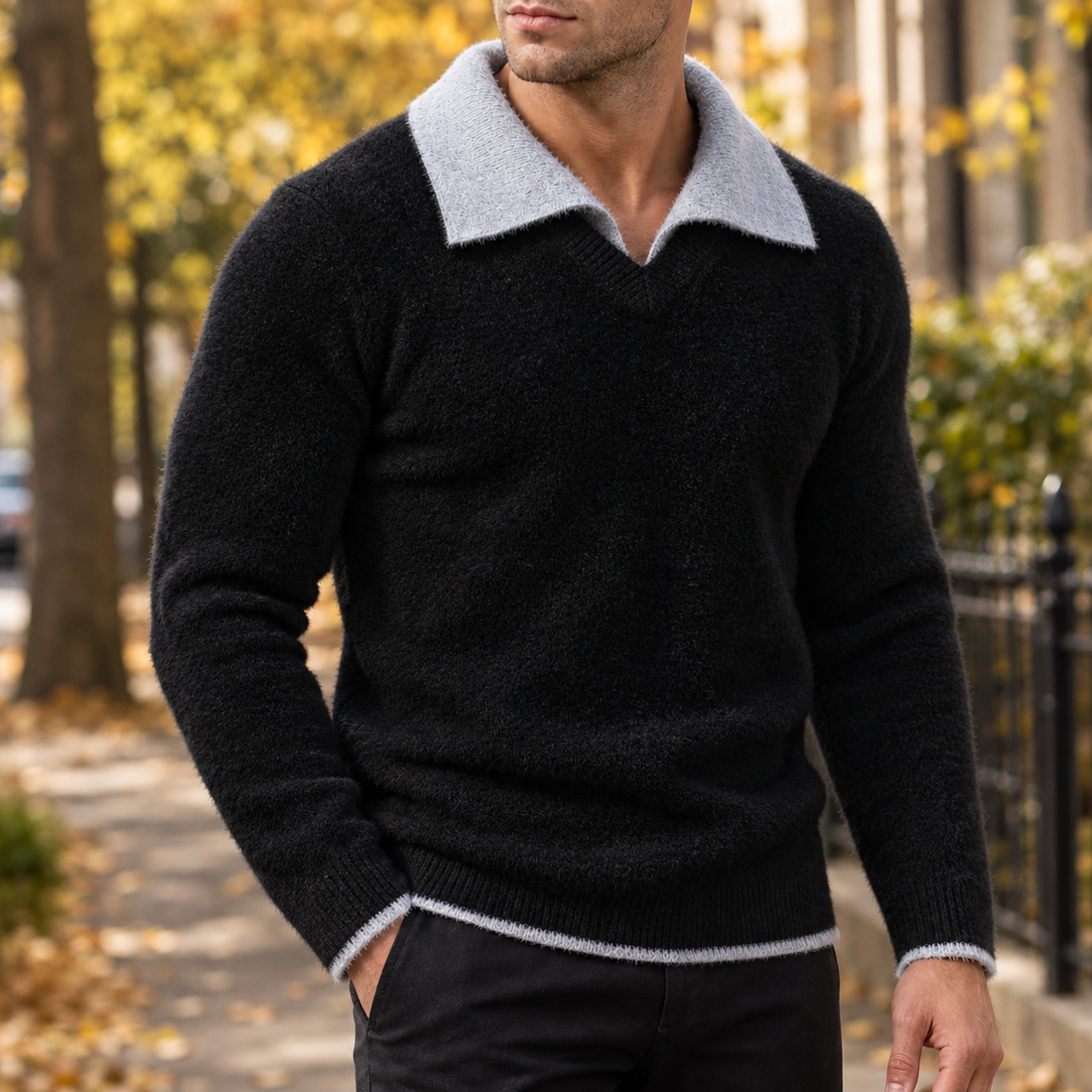 Clement Contrast Collar Sweater - Black
